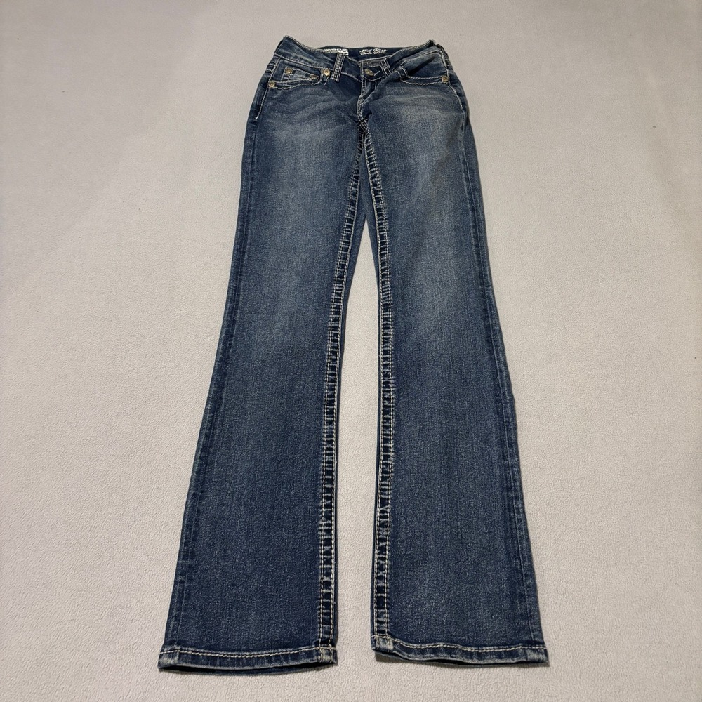 Warehouse One Mid Rise Baby Bootcut Jeans Women Size 24 Dark Wash Thick Stitch